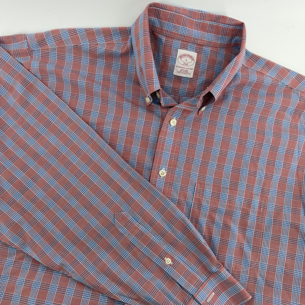Brooks Brothers 346 Mens Large Red Blue Plaid Non-Iron Button Down Shirt L